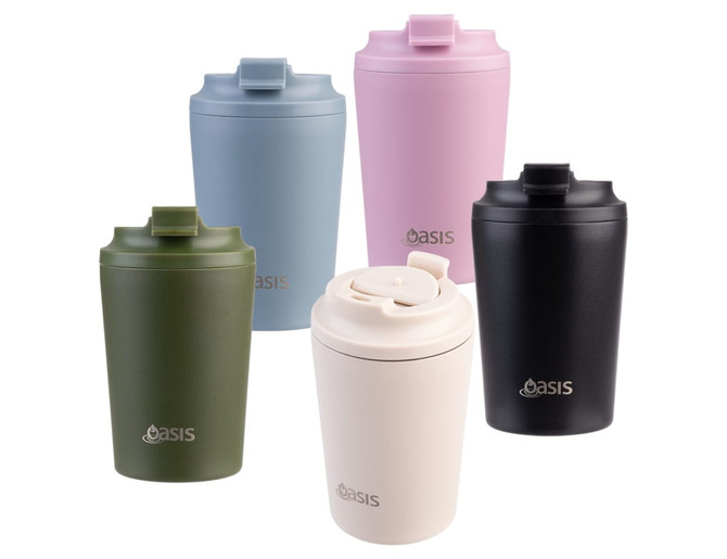 A collection of five insulated coffee cups in various colours: pink, blue, green, black, and cream, featuring a logo.