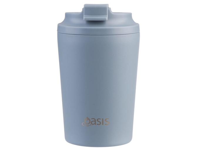 A ceramic-lined 235ml insulated coffee cup in light blue, featuring a logo on the front.