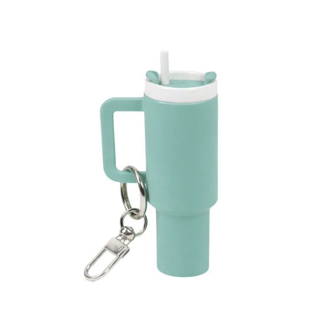 A drink bottle keyring in teal with a white lid and straw, featuring a keychain attachment.