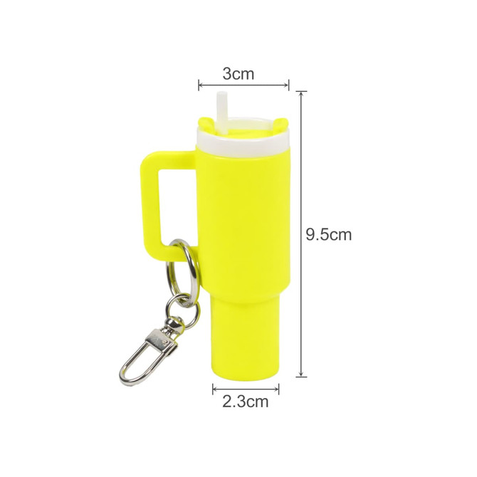 A drink bottle keyring in bright yellow with a handle and straw, featuring a silver keyring attachment.