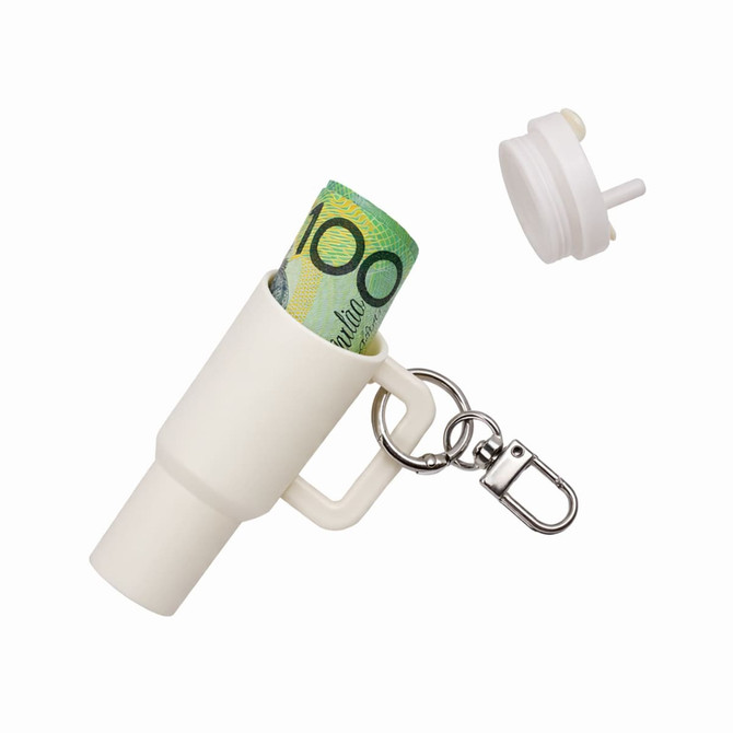 A mini tumbler keyring in white, containing a rolled up Australian $100 note, with a removable lid and keychain.