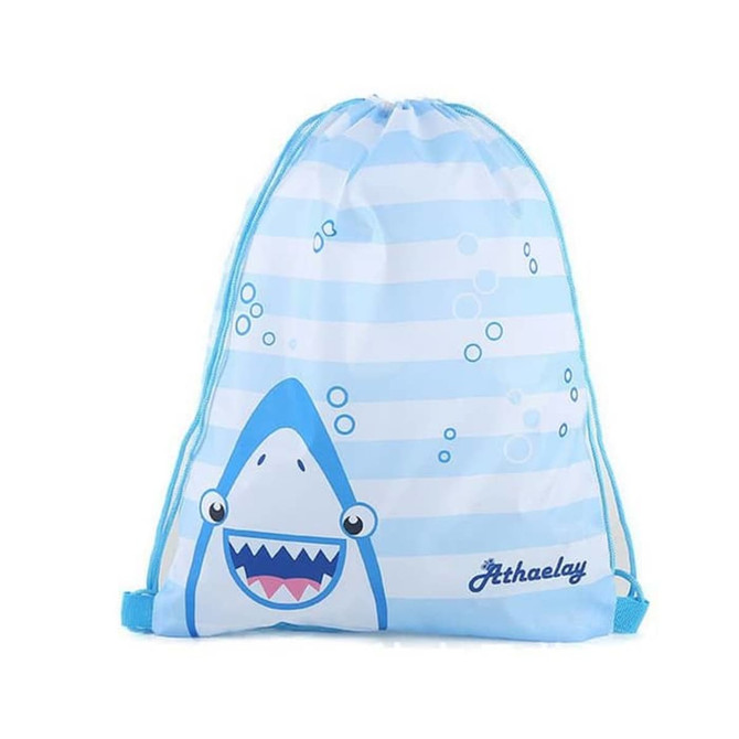A large drawstring bag in light blue with a shark design and striped patterns, featuring a logo.