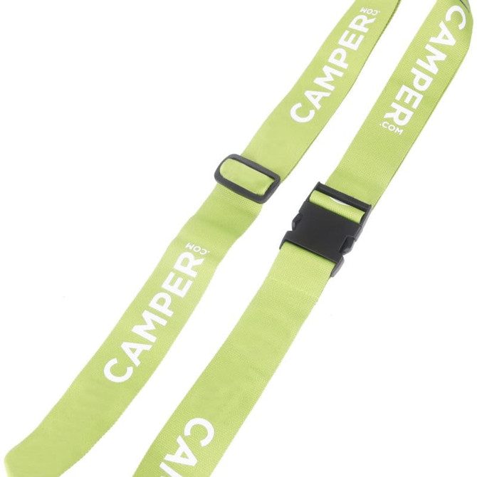 A green poly ribbed luggage belt with adjustable buckles and branding on the straps.