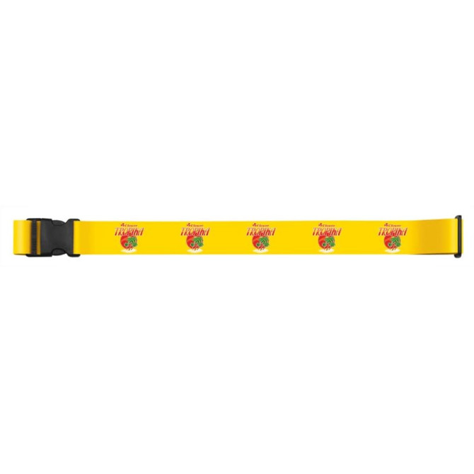 A full-colour luggage strap in bright yellow featuring a repeating design and a plastic buckle.