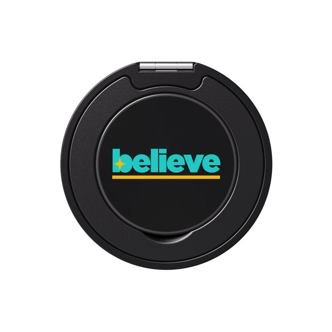 A black circular compact mirror featuring a colourful logo design. It has a hinged cover for easy opening.