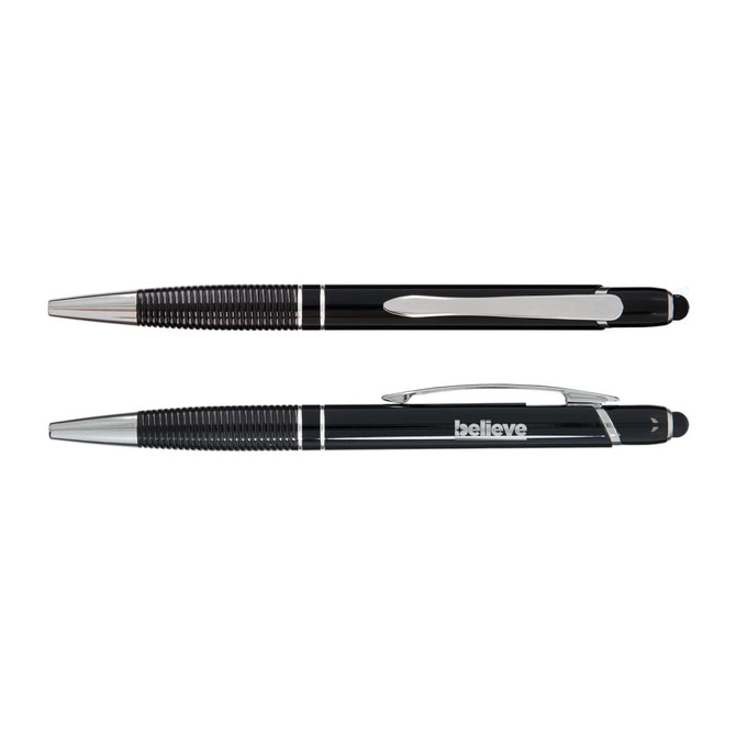 A black pen with chrome accents and a textured grip, featuring a stylus tip and a branding logo.