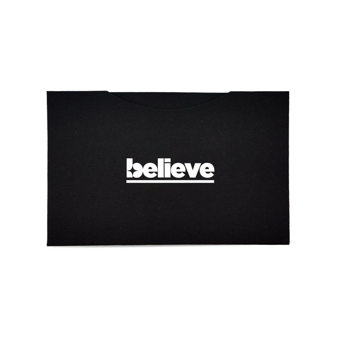 A black promotional folder featuring a prominent white logo. The design is sleek and minimalistic.
