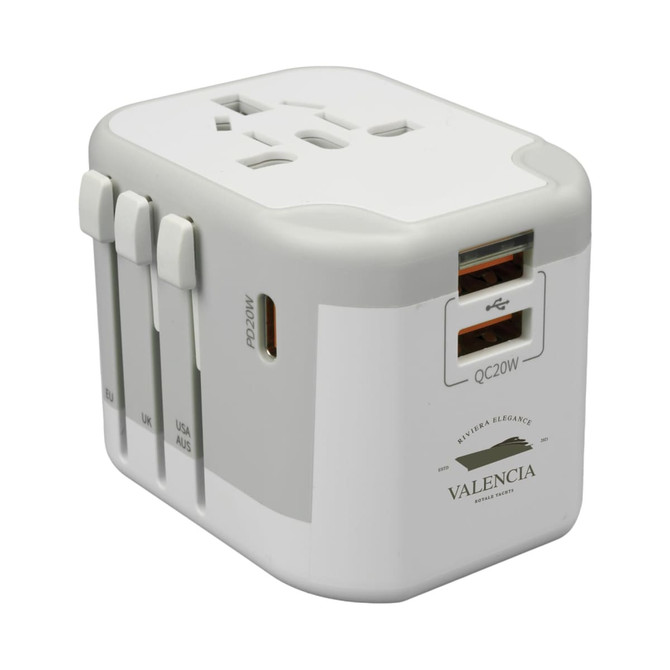 A travel adaptor in white with multiple plug types and USB ports. It features a logo on one side.