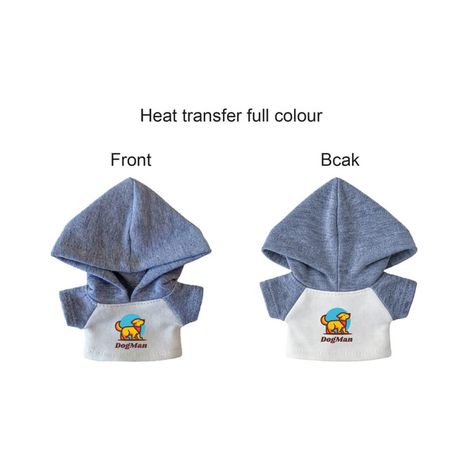 A plush doll raglan hoodie with a grey and white design featuring a logo. The hoodie has a front and back view.