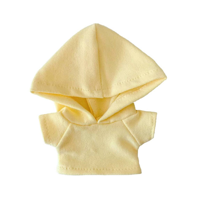 A soft, yellow plush doll hoodie with a large, pointed hood and short sleeves.
