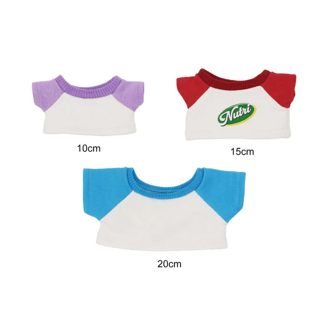 Three plush doll raglan t-shirts in purple, red, and blue, measuring 10cm, 15cm, and 20cm, with a logo on one.