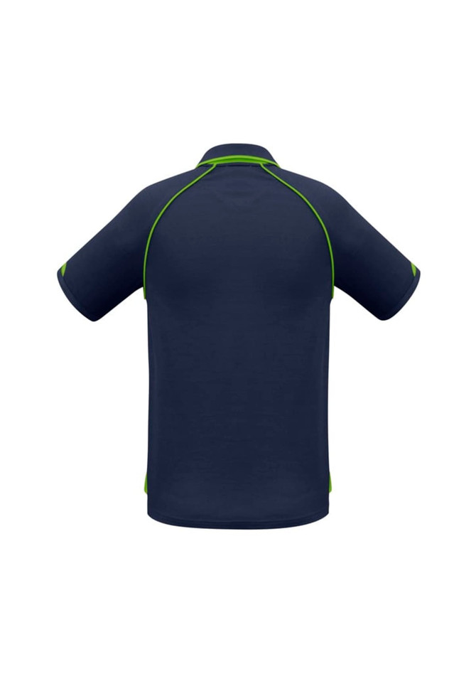 A navy blue polo shirt with green accents, featuring a logo on the back.