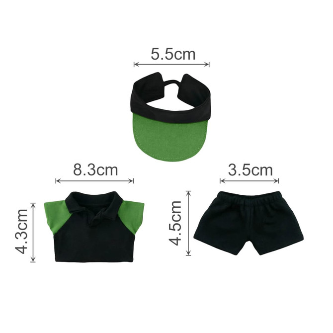 A plush doll racing suit set featuring a black and green shirt, shorts, and a matching cap.