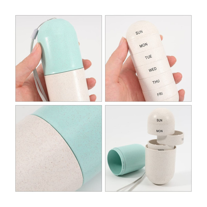 A capsule-shaped pill organiser in light blue and cream, featuring compartments labelled for each day of the week.