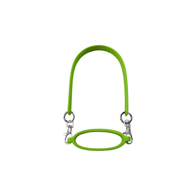 A drink bottle carry strap in vibrant green with metal clips for attachment, featuring a rounded grip.