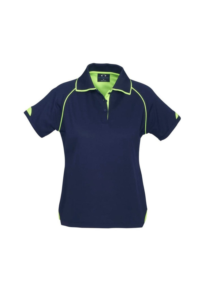 A navy blue women's polo shirt with lime green detailing and a logo on the chest.