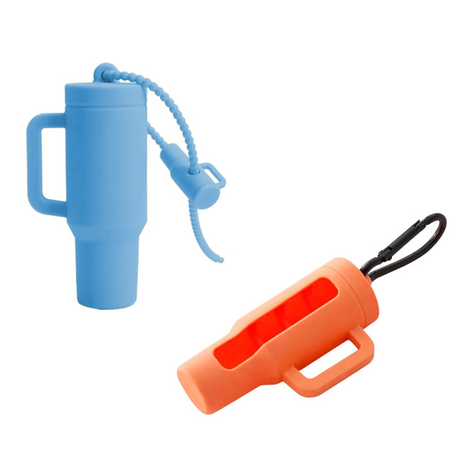 A blue and an orange lip balm holder keychain, featuring a handle and attached securing cords.
