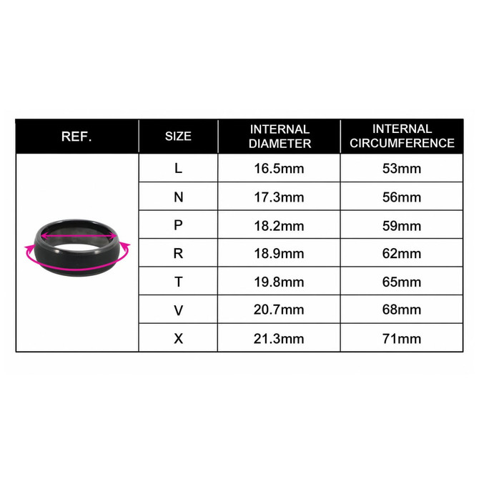 A table displaying sizes, internal diameters, and circumferences for NFC Carbon Fiber Rings in black.
