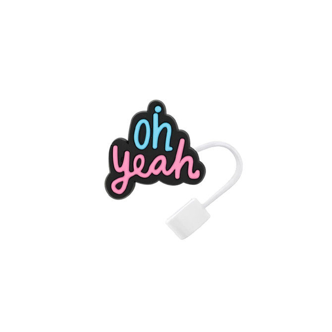 A drink bottle accessory featuring a black, pink, and blue custom-shaped straw cover with text design.