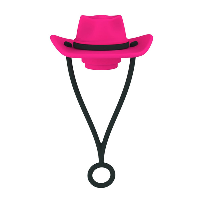 A drink bottle accessory featuring a pink brim hat silicone straw cover with a black strap.
