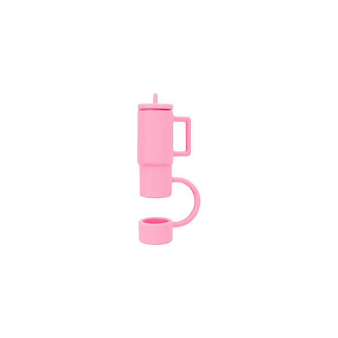 A drink bottle in pink silicone with a handle and detachable straw cover. It features a sleek cup-shaped design.