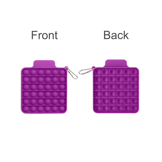 A purple squishy pop bubble board with a clip, featuring an array of bubbles on both sides.