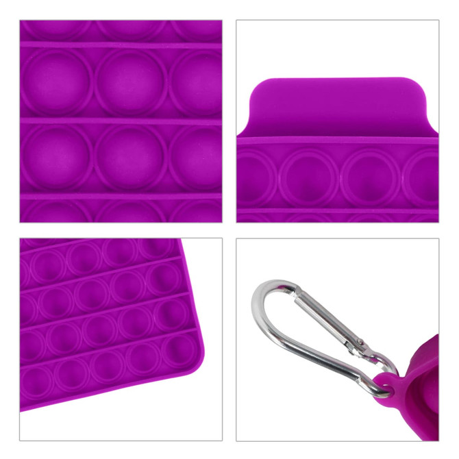 A purple silicone square bubble board with a carabiner clip and multiple popping segments. Features a logo.