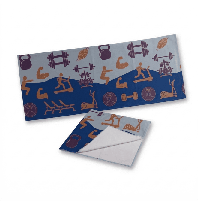 A gym towel featuring illustrations of fitness equipment and activities, predominantly in blue and purple tones.