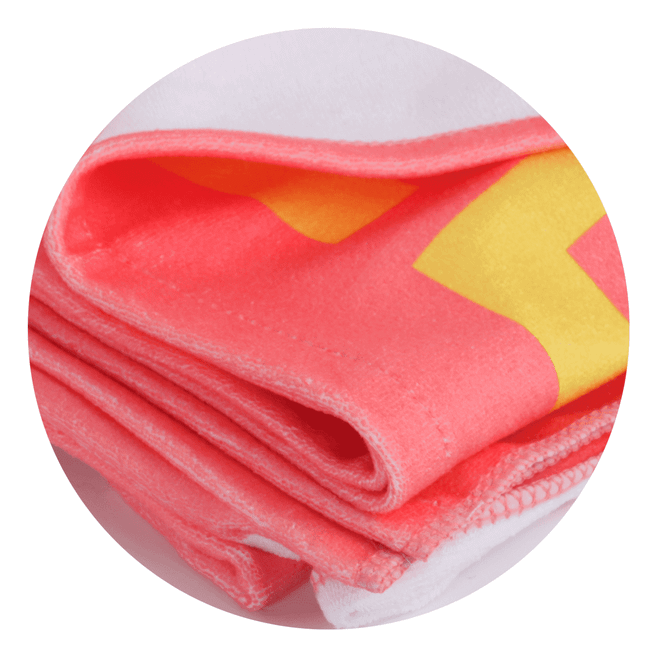 A folded sublimated beach towel in pink and yellow with a logo, showcasing a soft, vibrant design.