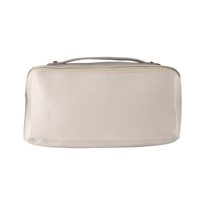 A cream-coloured toiletry bag with a zipper closure and a carrying handle, featuring a logo on the side.