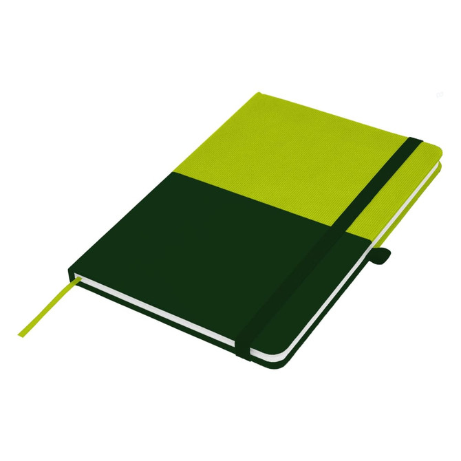 A green and lime A5 notebook with an elastic strap and a ribbon bookmark, featuring a simple design.