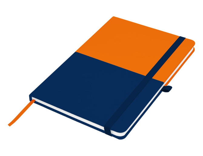 A navy blue and orange A5 notebook with a ribbon bookmark and an elastic closure, featuring a logo on the cover.