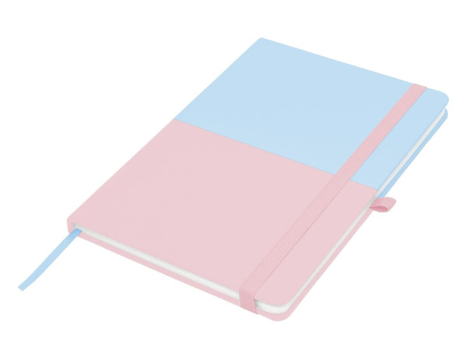 A pink and blue A5 notebook with an elastic band closure and a ribbon bookmark. It features a logo on the cover.