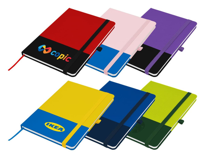A collection of A5 notebooks in red, black, pink, purple, yellow, navy, and green, each with an elastic band and logos.