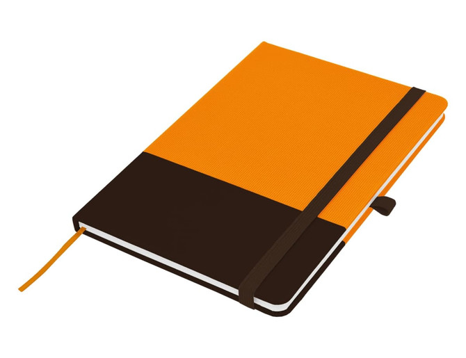 An orange and brown A5 notebook with a ribbon bookmark and an elastic band closure. Features a logo on the cover.
