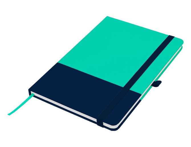 A A5 notebook featuring a turquoise and navy design, with an elastic band and a ribbon bookmark, and includes a logo.