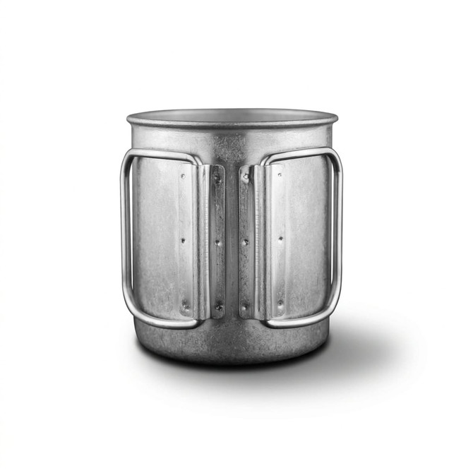 A drink bottle with a metallic finish, featuring two sturdy handles and a simple, cylindrical design.
