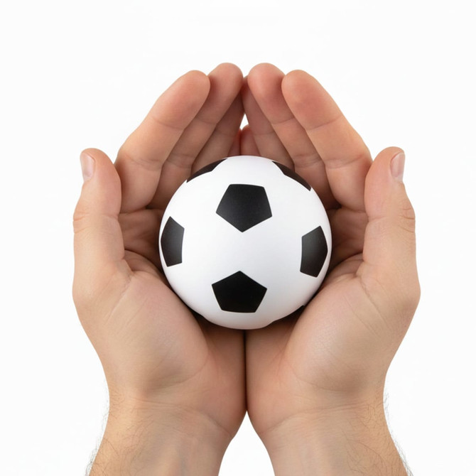 A high bounce soccer ball in white with black pentagon panels, held in two hands.