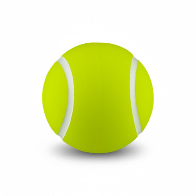 A bright yellow tennis ball featuring white stripes and a smooth surface, with a logo displayed.