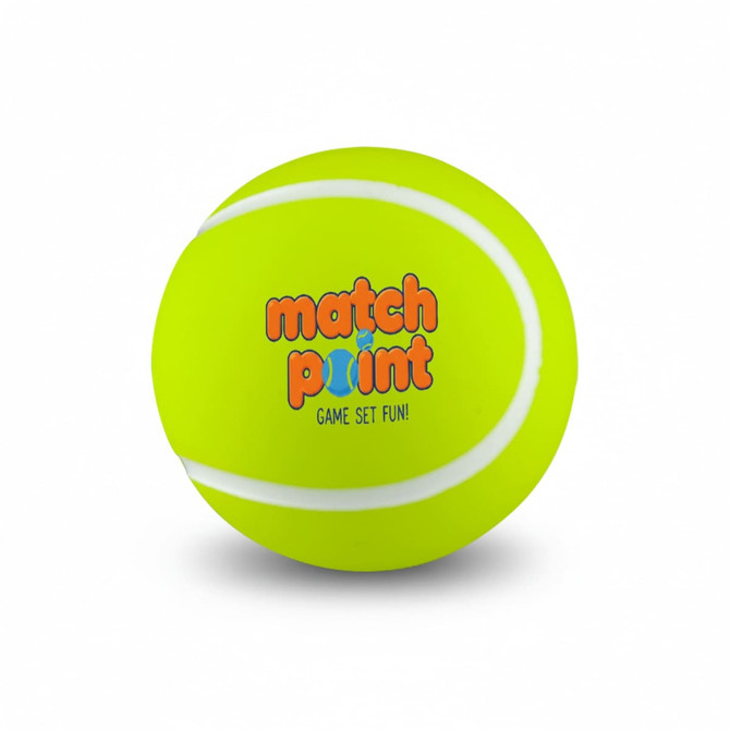 A bright yellow tennis ball with white seams and a logo on the surface.