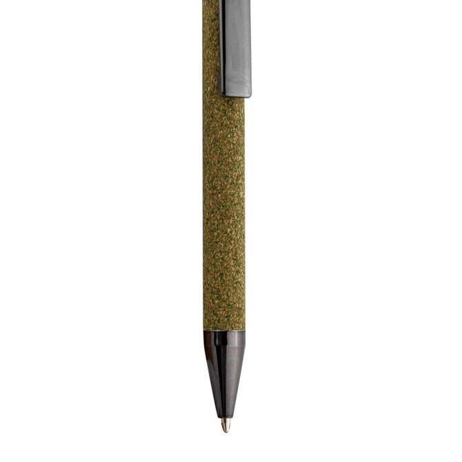 A pen with a textured, green cork grip and a shiny black tip, featuring a clip for attachment.