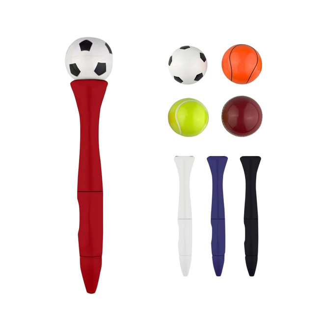 A red fidget spinner pen with a soccer ball top and four interchangeable sports balls: orange, tennis, purple, and black.