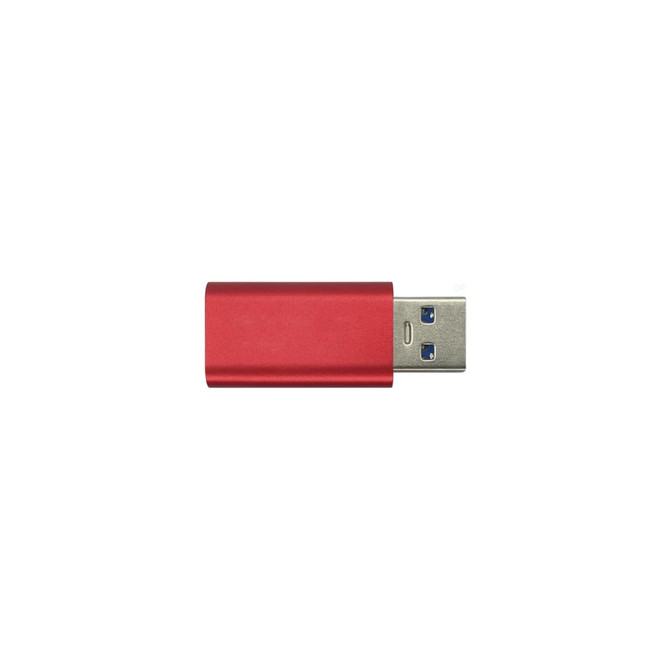 A red USB data blocker device with a metallic finish and blue connectors. It has a simple, sleek design.