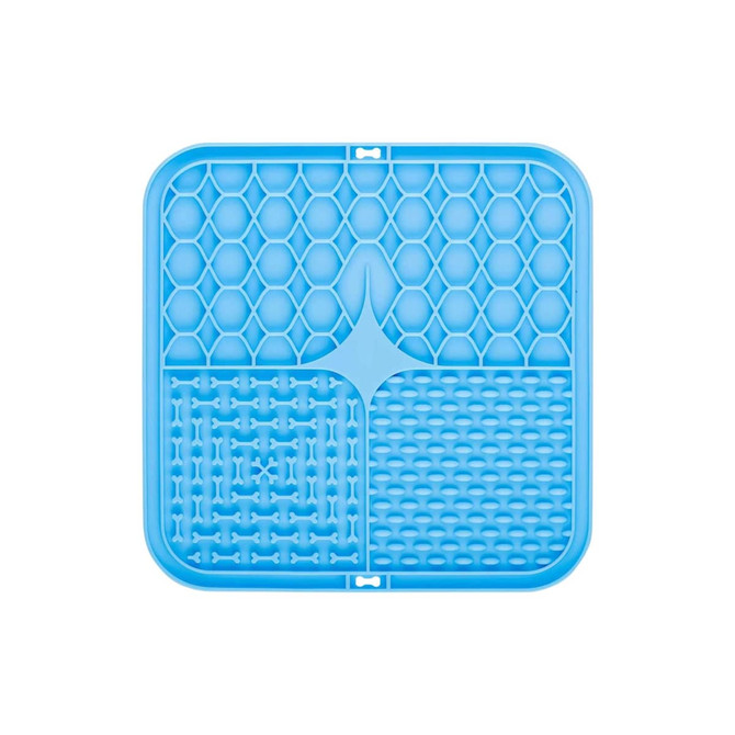 A blue, square dog enrichment lick mat divided into three textured sections. Features hexagonal, bone, and dot patterns.