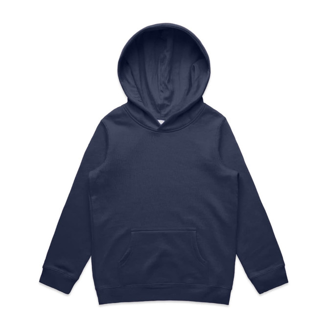 A navy hoodie with a front pocket and a large hood. It features a branding logo.