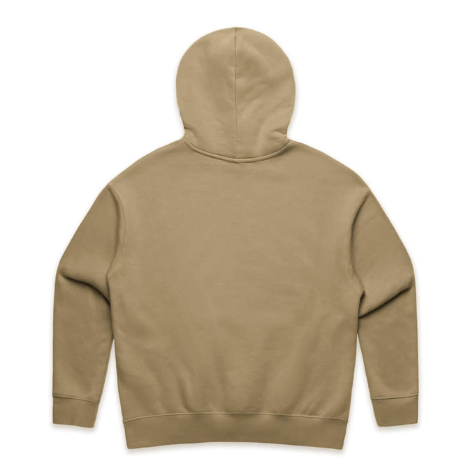 A beige hoodie with a spacious hood and a clean back design, featuring a logo on the back.