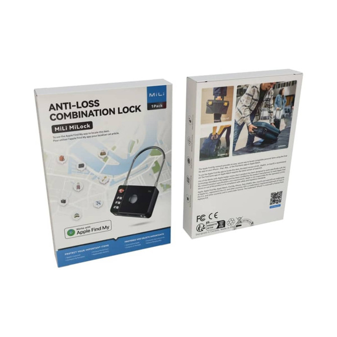 A box for the MiLock Duo Tag Luggage Lock featuring a combination lock design, with images and a logo. The packaging is predominantly black and white.
