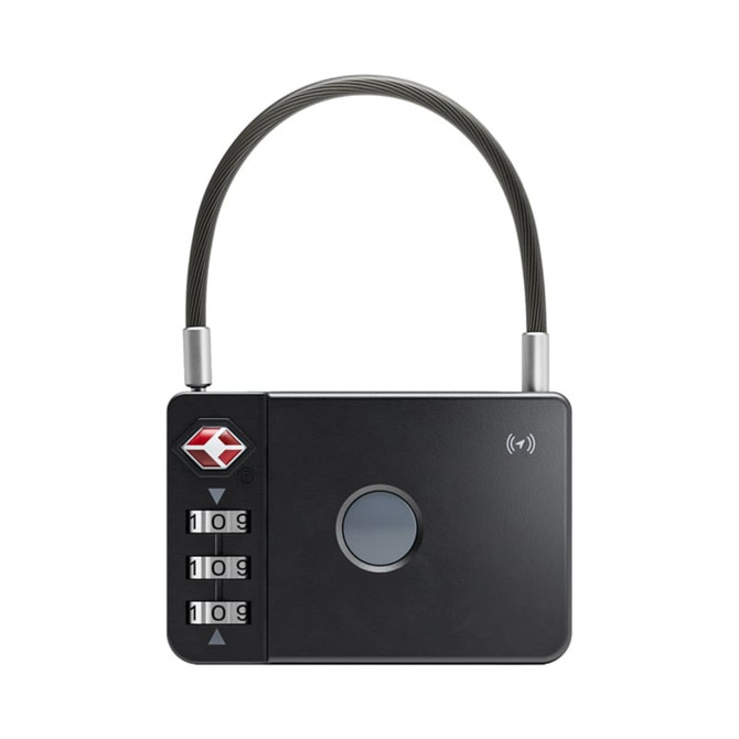 A black luggage lock featuring a numeric keypad and a cable lock. It has a logo on the body.