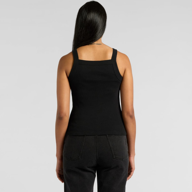 A black organic collegiate tank top with a fitted design and adjustable straps, featuring a logo.