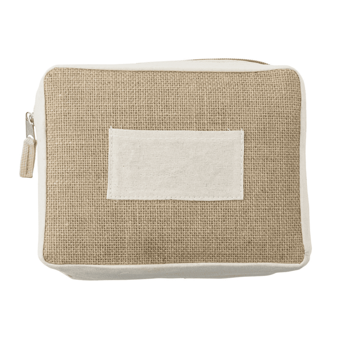 A jute cosmetic bag with a natural brown and cream design, featuring a simple logo on the front.